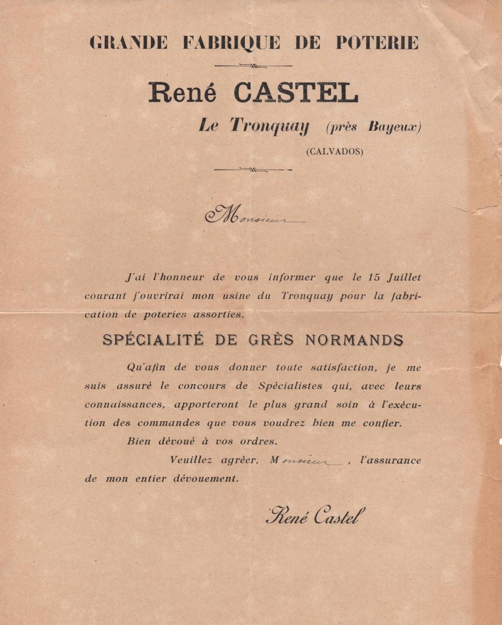 affichette publicitaire pour l'ouverture de la fabrique Castel en 1925 / Coll. Cheval