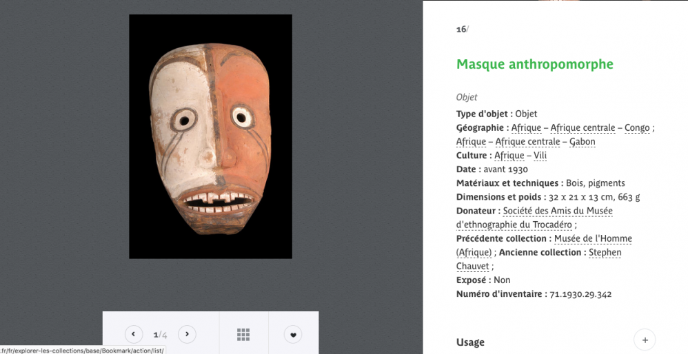 Don d'un masque gabonnais par Stephen Chauvet au Musée du Trocadéro