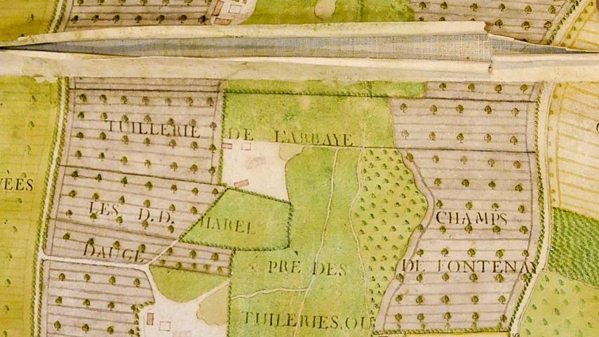 Plan de l’abbaye de Barbery et de la paroisse de 1783. Extrait du secteur des tuileries, Arch. dép. Calvados. H 1381/2.