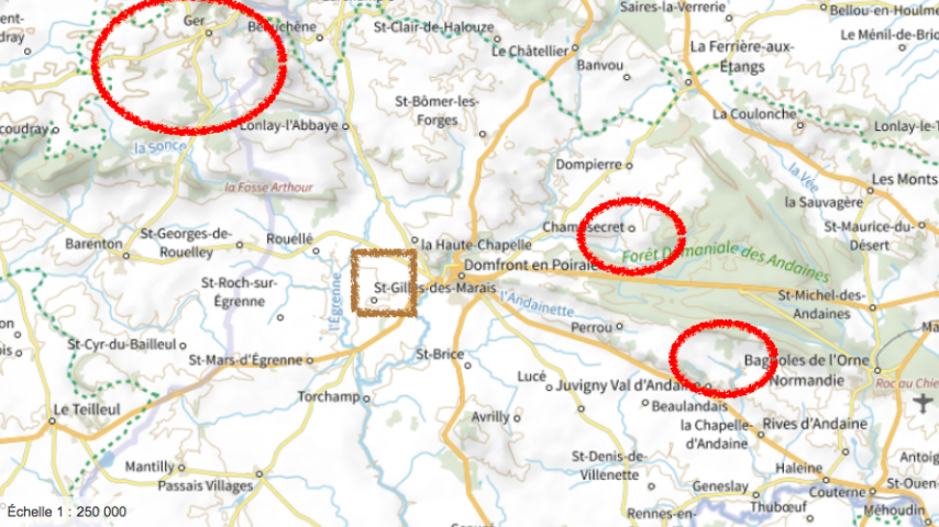 Localisation des sites potiers de Ger et de la forêt des Andaines et de la carrière d'argile grésante de la Goulandes / Géoportail